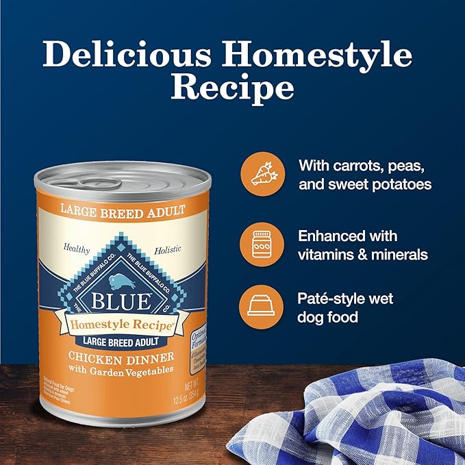 Blue Buffalo Homestyle Recipe Large Breed Adult Wet Dog Food, Made with Natural Ingredients, Chicken Dinner With Garden Vegetables, 12.5-oz. Can (Pack of 12)