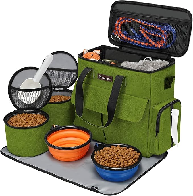 Modoker Dog Travel Bag, Weekend Pet Travel Set for Dog and Cat, Airline Approved Tote Organizer with Multi-Function Pockets and 2 Food Storage Containers, 2 Collapsible Bowls, 1 Feeding Mat (Green)