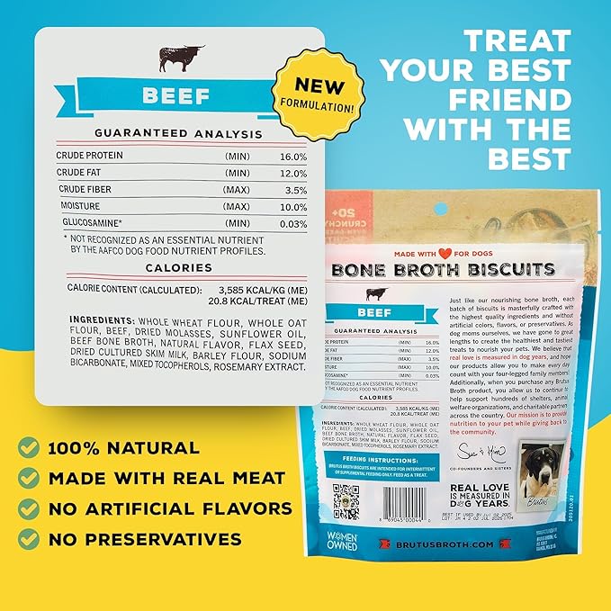 Brutus Bone Broth Biscuits (Beef) - Healthy Treats - Natural Dog Biscuits with Bone Broth and Real Beef for Healthy Joints - 18 Grams of Protein - 8 OZ (Pack of 6)