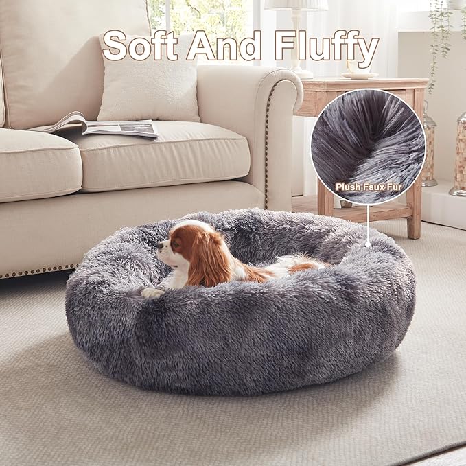30 inches Donut Dog Bed for Medium Dogs,Calming Fluffy Round Pet Bed with Removable & Washable Cover,Fits up to 45 lbs Pets(Tie-dye Grey,Medium)