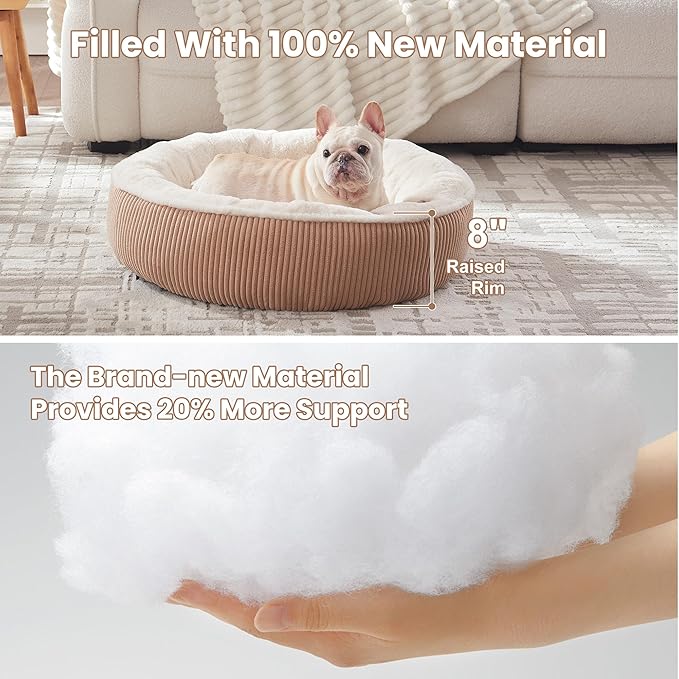 30 inches Donut Dog Bed for Medium Dogs,Calming Round Pet Bed with Removable & Washable Cover,Plush Faux Fur & Corduroy, Fits up to 30 lbs Pets(Brown,Medium)