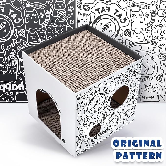 Cardboard Cat House with 2PCS Scratcher Pad Large Cat Scratchers Lounge Bed for Indoor Cats Cat Scratching Board & Cat Scratcher Box for Bunny/Cats Animals. (White-Graffiti)