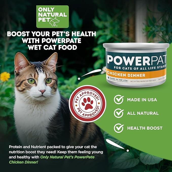 Only Natural Pet PowerPate Grain-Free Chicken Dinner Wet Cat Food - Holistic, High Protein w/Chicken & Broth - Balanced Nutrition for Kitten & Cats of All Life Stages, 2.75 oz Cans, Case of 12 (C)
