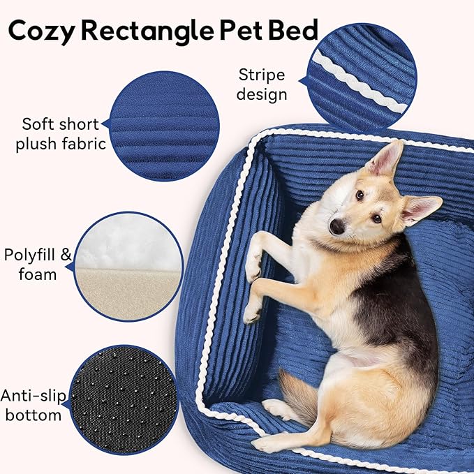 Large Rectangle Cat Dog Bed for Puppy Pets Indoor Outdoor Machine Washable Sleeping Sofa Non-Slip Bottom Breathable Soft Puppy Bed Durable Orthopedic Calming Pet Cuddler (Large, Blue)