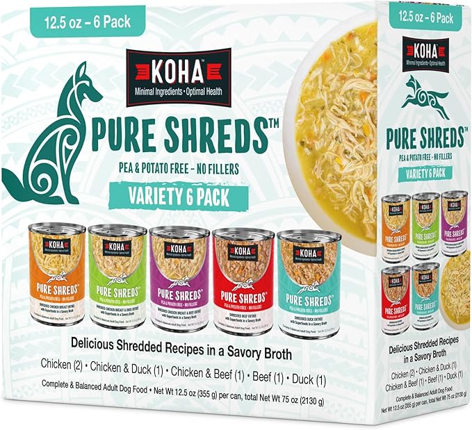 KOHA Pure Shreds Dog Variety Pack, High Protein Wet Dog Food- 5 Flavors - Beef, Duck, Chicken & Duck and Chicken & Beef Food for Dogs - 12.5oz Cans, Pack of 6