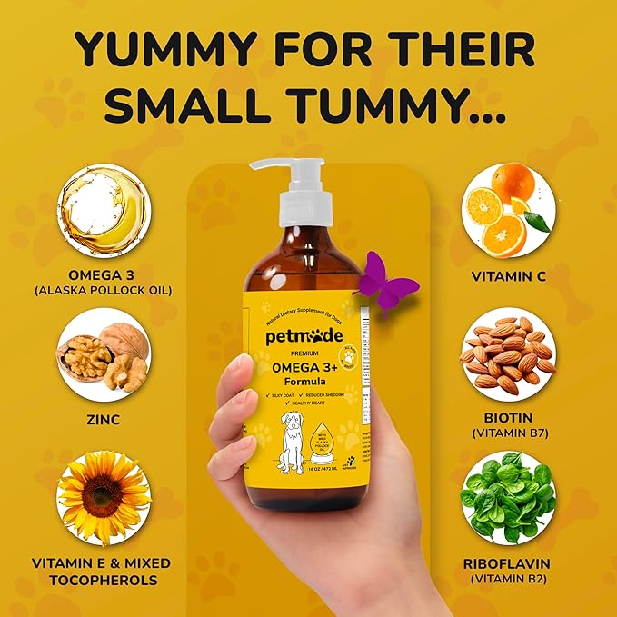 Omega 3 Fish Oil for Dogs Skin and Coat - Wild Alaskan Pollock Oil for Itchy Skin- Omega 3 Fatty Acids for Dogs - Liquid EPA & DHA Supplements - with Zinc, Vitamin C, B2, B7 & E - 16 Fl Oz