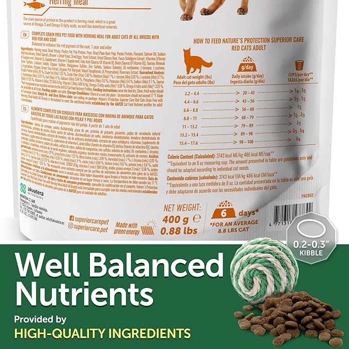 Nature's Protection Dry Cat Food - Adult Red Coated Cat Hard Kibble, Grain-Free Healthy Nutrition Indoor & Outdoor Hairball Care for Cats, 14.11 oz Bag