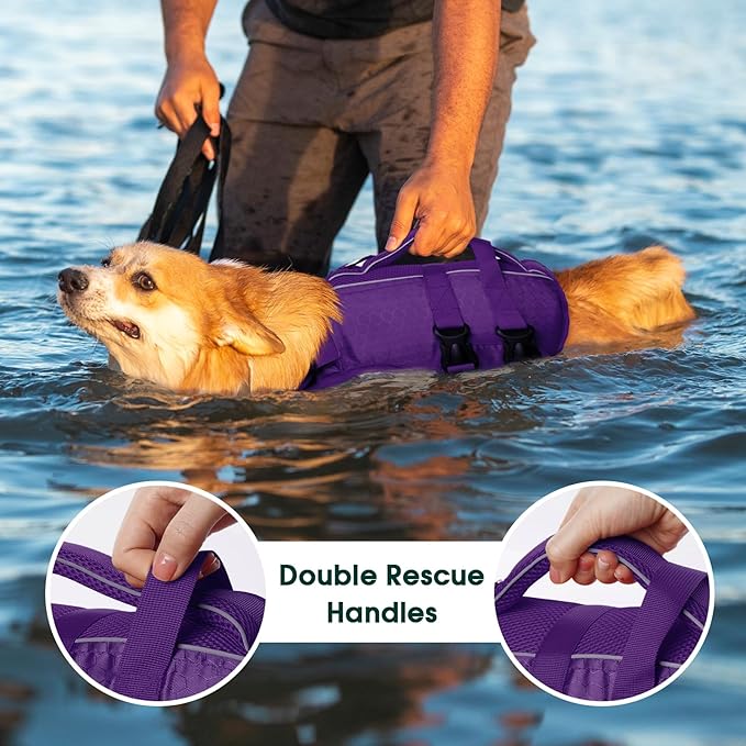 Kuoser Dog Life Jacket High Flotation, Reflective Dogs Life Vest for Swimming Boating, Adjustable Small Medium Large Dog lifejacket, Lightweight Dogs Life Preserver Rescue Handle Spring Summer Pool
