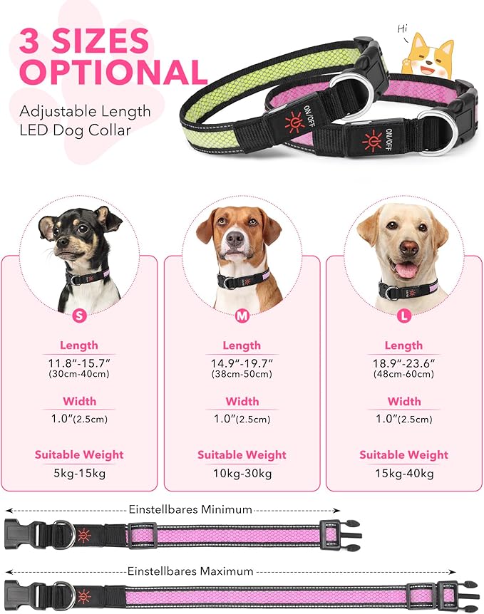 Weesiber Light Up Dog Collar - LED Dog Collar Rechargeable Glow in The Dark Pet Collar, Reflective Safety Dog Lights for Night Walking(Pink, L)