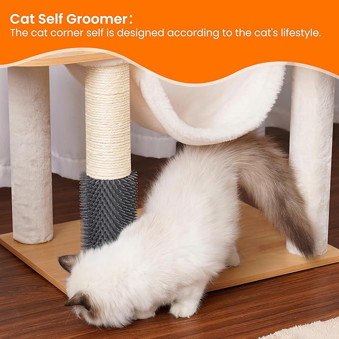 Heybly Wood Cat Tree for Indoor Cats, Cat Condo for Large Cats with Self Groomer, Modern Cat Scratching Tower with Basket, Hammock, Dangling Ball and Leaves, Walnut HCT120WB