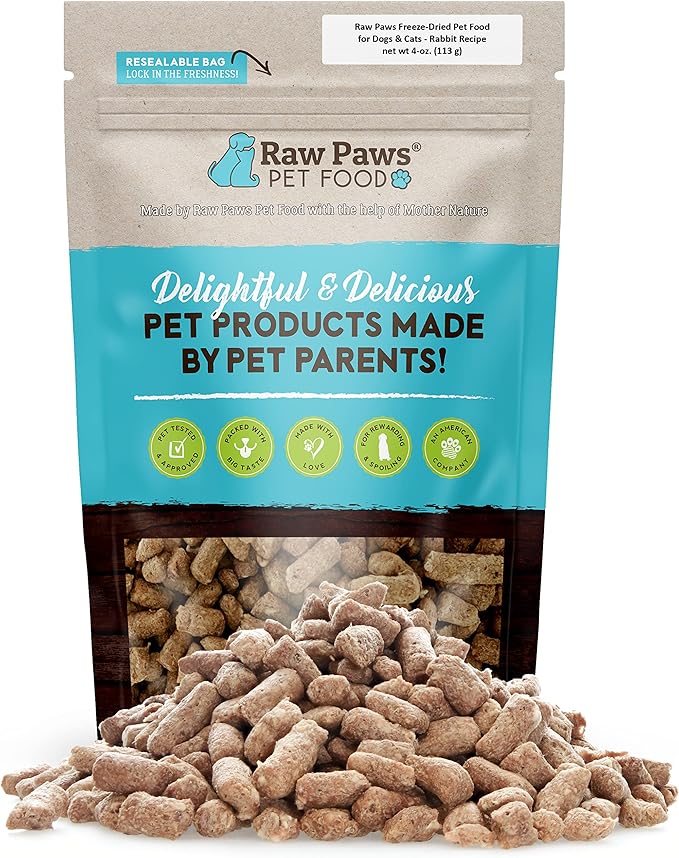 Raw Paws Freeze-Dried Pet Food for Dogs & Cats- Rabbit Recipe, 4-oz - USA Raw Dog Treats for Training - Cat and Dog Treats - 100% Rabbit Meat, No Added Hormones or Antibiotics