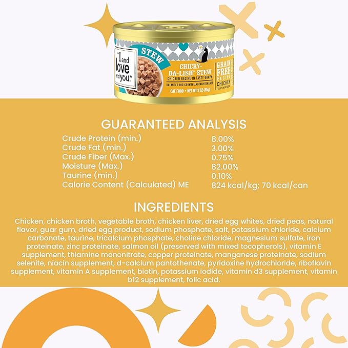 I and love and you Wet Cat Food - Chicky-Da-Lish Stew - Chicken Recipe, Grain Free, Filler Free, 3oz Pack of 24 Cans