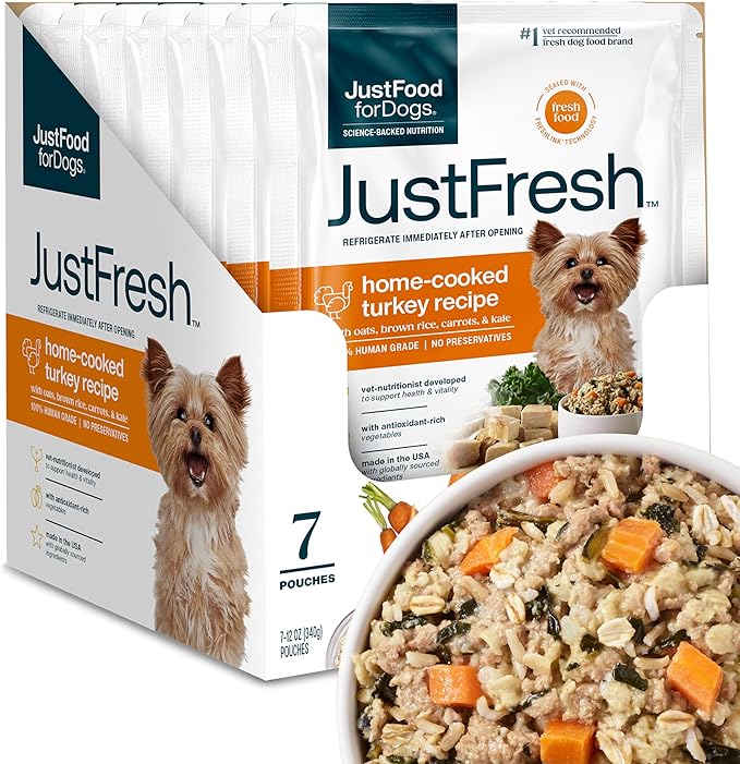JustFoodForDogs JustFresh Home-Cooked Turkey Dog Food with No Preservatives, Resealable Packaging, Human Grade Wet Dog Food, 12 oz - 7 Pack