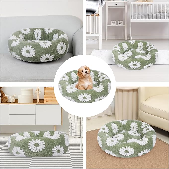 Calming Dog Bed, Dog Beds Fits up to 25 lbs Pets, Fluffy Donut Dog & Cat Bed Washable, Round Anti Anxiety Dog Bed, Small Dog Bed with Non-Slip Bottom (White, 24" x 24")