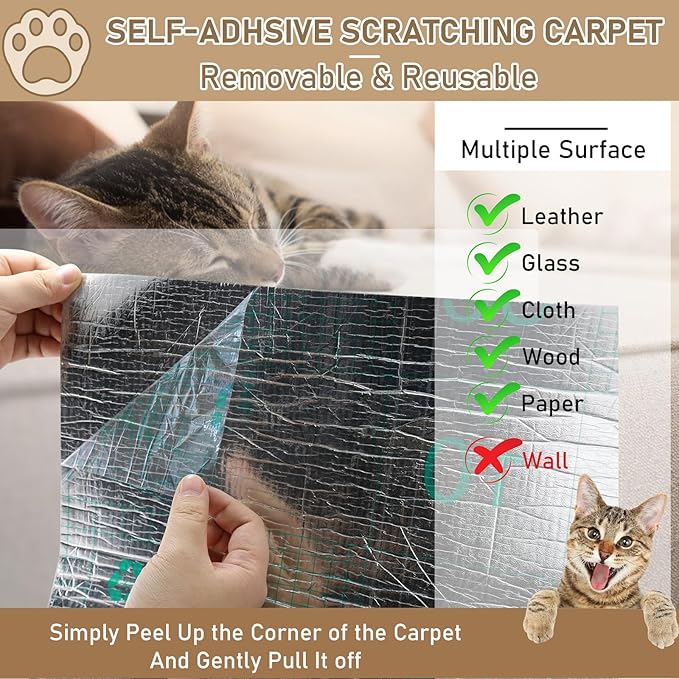 Cat Scratching Climbing Carpet Mat, Self-Adhesive Trimmable Anti Cat Scratcher Couch Furniture Protector from Cat Claws, Cat Post Covered Pad Replacement for DIY Cat Tree (Light Gray, 15.8" x 79")