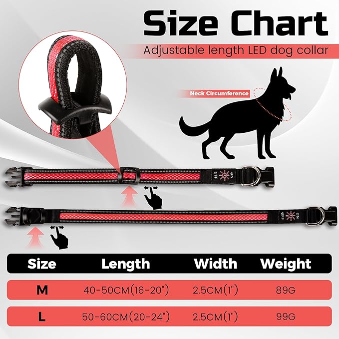 Light Up Dog Collar Rechargeable, LED Glow Collar in Dark with 3 Flash Mode for Outdoor Night Walking Visible Safe, Adjustable Waterproof Dog Light for Small Medium Large Breed, Red, M