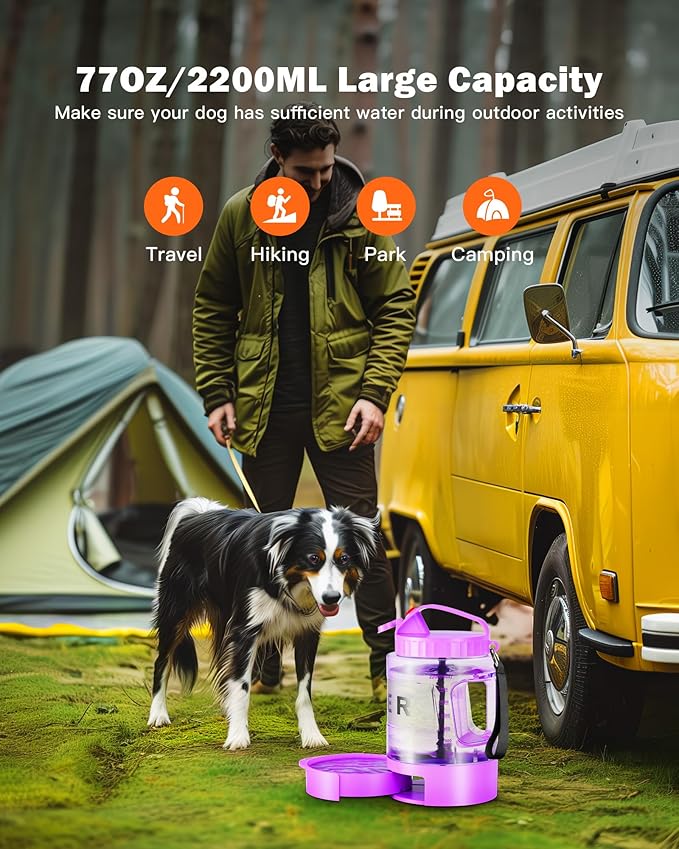 77oz Large Dog Water Bottle - Portable Travel Dog Water Dispenser & Bowl - Leak-Proof Pet Water Jug for Hiking, Camping, Walking & Car Trips, Purple