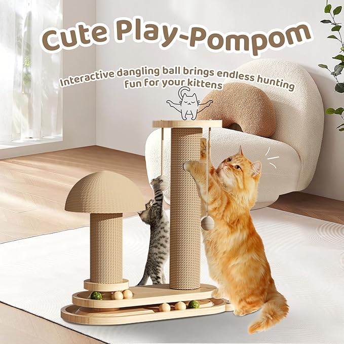 Cat Scratching Post- 4 in 1 Cat Scratch Post Kitten Toys for Indoor Cats, Wooden Cat Scratcher with 2 Level Cat Track Ball, Interactive Cat Feather Toy, Mushroom Cat Scratcher and Sisal Hanging Ball
