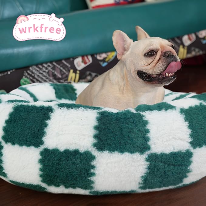 Dog Bed Small Size Dog Washable Round Donut Checkered Green Pet Beds for Small Dogs Orthopedic Snuggle Bed 23 Inch