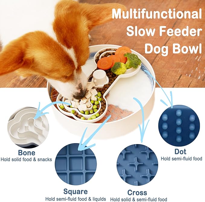 Suhaco 4 in 1 Puzzle Feeder Dog Bowls Slow Feeder Dog Bowls Large Slow Feeding Bowl for Dogs, Dog Puzzle Game Slow Feeder for Dry and Wet Food Dog Food Bowl for Large Dogs, 9.8IN (Blue)