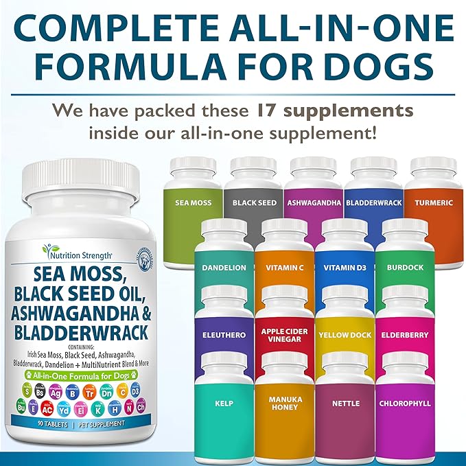 Sea Moss for Dogs 750mg Black Seed Oil 500mg Ashwagandha 250mg Turmeric 250mg Bladderwrack 250mg Dandelion 250mg & Vitamin C Vitamin D3 with Elderberry Manuka Yellow Dock 90 Tablets