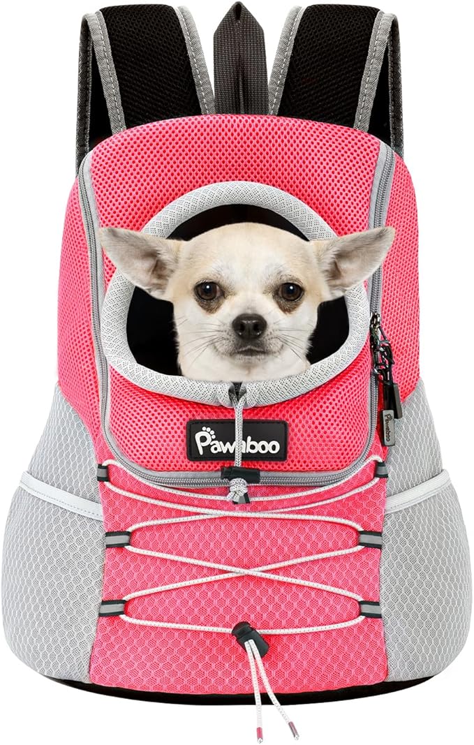 Pawaboo Pet Dog Carrier Backpack, Puppy Dog Travel Front Carrier for Small Medium Dogs Cats, Adjustable Breathable Dog Carrying Backpack with Safety Strips for Hiking, Walking (Pink S Up to 5 lbs)