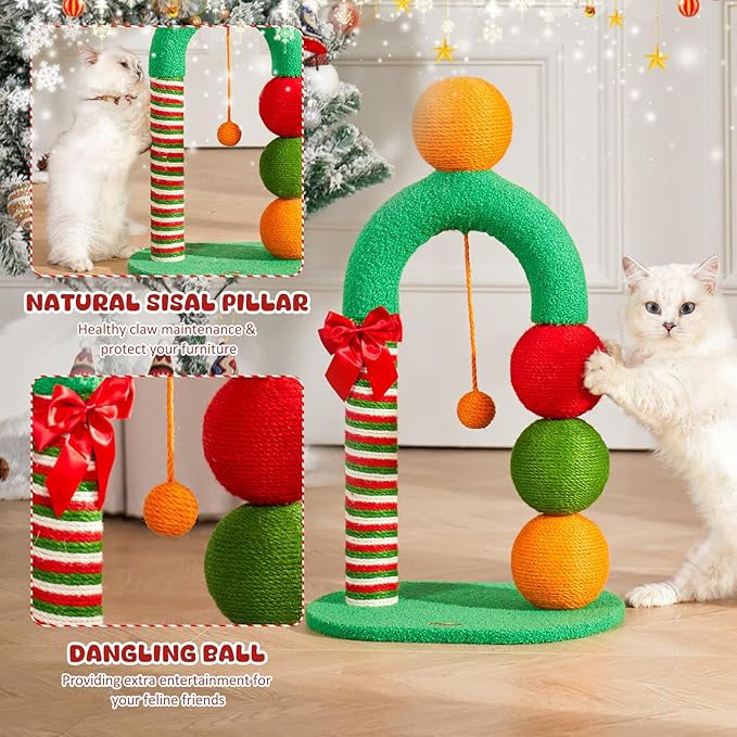 Durable Cat Scratching Post, Natural Sisal Cat Scratcher for Indoor Cats and Kittens, Cat Post with Dangling Ball, Easy Assembly with Bonus Sisal Ball Toy, Fun Candy Cane Design