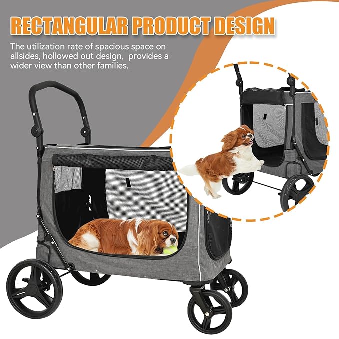 KIKII Extra Large Dog Stroller for Large & Medium Dogs, Adjustable Handlebar and Brakes, 4 Wheels, Reflective, Lightweight Folding, Breathable Mesh, 132 lbs Capacity, for Travel Walking Outdoor