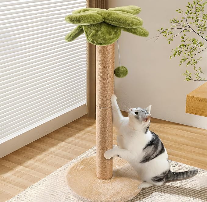 Palm Tree Cat Scratching Post, Sturdy 34 inches Tall Sisal Scratch Post with Interactive Dangling Ball, Cute Cat Scratcher for Indoor Adult Cats