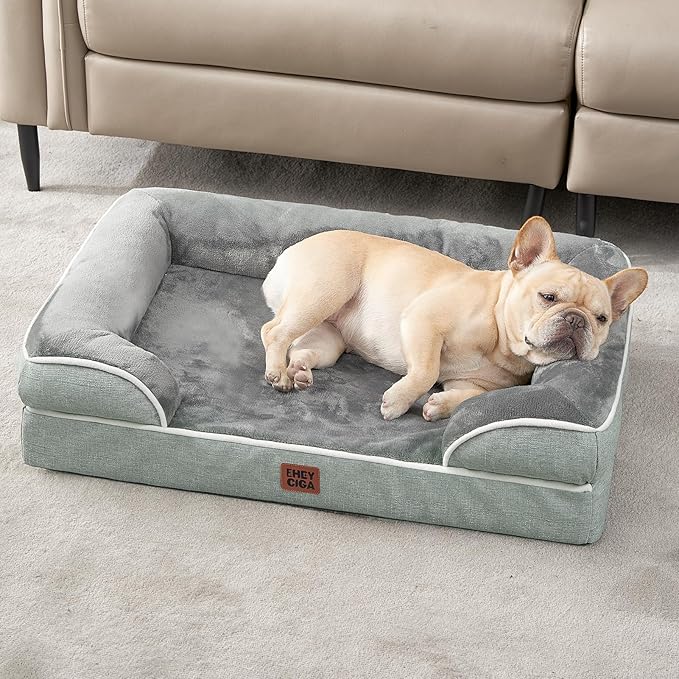 EHEYCIGA Orthopedic Dog Beds for Large Dogs, Waterproof Memory Foam Large Pet Bed with Sides, Non-Slip Bottom and Egg-Crate Foam Dog Couch Bed with Washable Removable Cover, Greyish Green