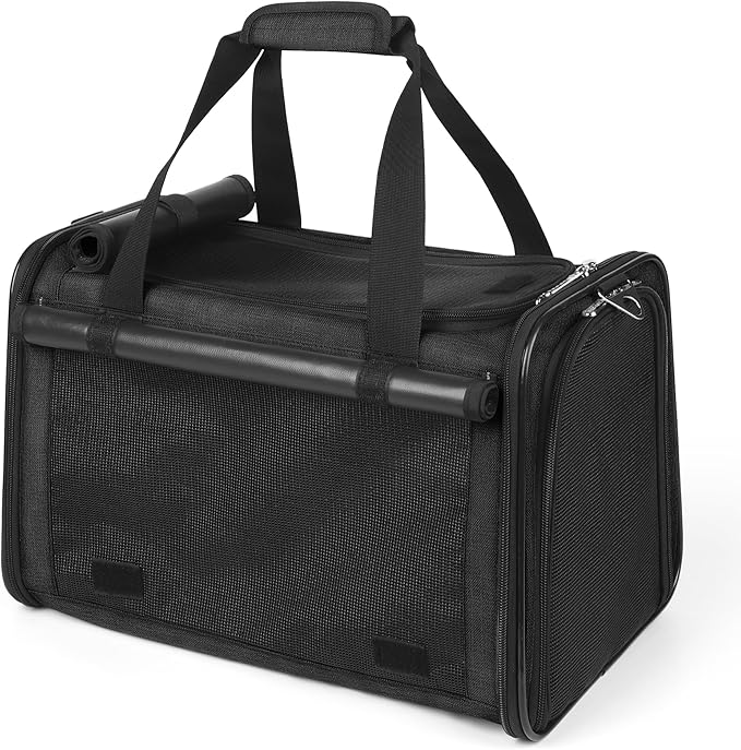 YUDODO 25 lbs Lightproof Soft Sided Large Cat Carrier for Small Pet Dog Airline Approved Travel Bag Puppy Carriers with Side Pockets & Reflective Mesh, Foldable Portable for Outdoor Car Black