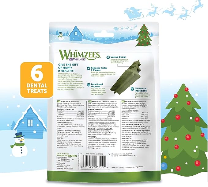 WHIMZEES Wellness Holiday Dog Dental Treats, Natural Chews, for Dogs, Size Medium Stick, (6 Count)