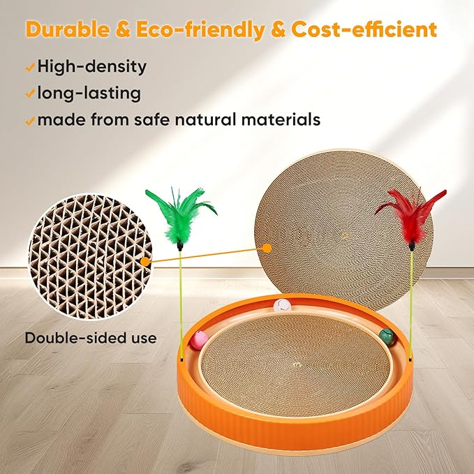 Extra-Large Round Cat Scratcher with Ball Track – 3-in-1 Circular Cardboard Scratching Pad with Feather Toys – Interactive Cat Toy Round Track for Indoor Cats, Kitten Play Lounge Board (Orange)