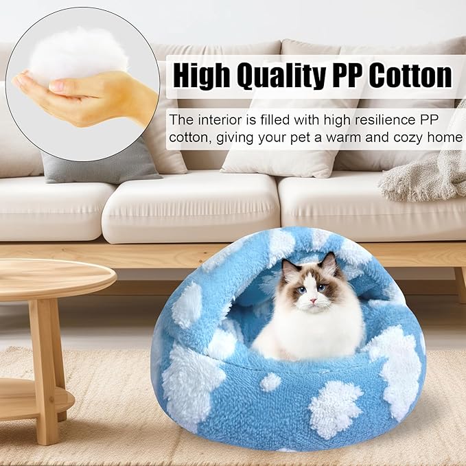HYQ Cat Beds for Indoor Cats, Small Dog Bed with Cover Cave, Cozy Cat Cave Bed, Round Puppy Bed with Hooded Cover, Dog Beds for Small Dogs with Anti-Slip Bottom(Blue, 24×24 Inch)