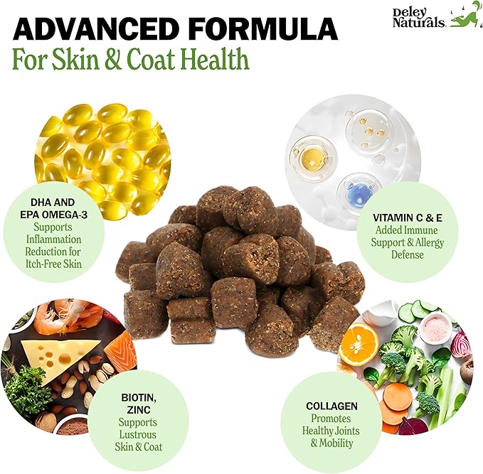 Deley Naturals Skin & Coat Chews - Dog Allergy Chews with Omega 3 Fish Oil, Biotin, Collagen and Essential Vitamins - Supports Dog Itching Skin Relief, Reduces Dryness and Healthy Coat - Made in USA
