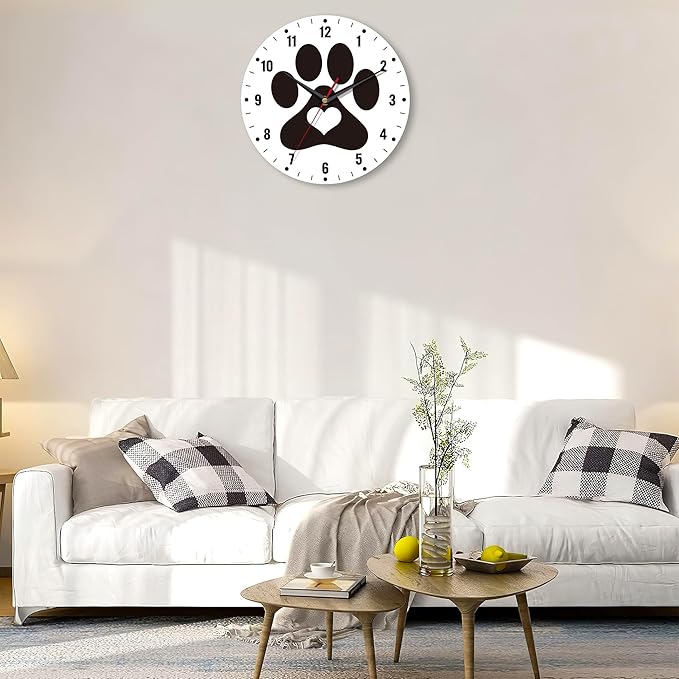 SPUNKER Clock for Bedroom,Black Cat Dog Paw Print Wall Clock Battery Operated 10 Inch,Cute Love Round Clock Silent Non-Ticking Wall Decor for Farmhouse Office Home School Living Room Bedroom