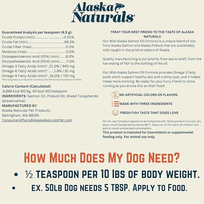Alaska Naturals Wild Alaskan Salmon Fish Oil Supplement for Dogs Skin and Coat with EPA DHA Omega 3 Fatty Acids Liquid Food Topper 15.5 oz. Pump
