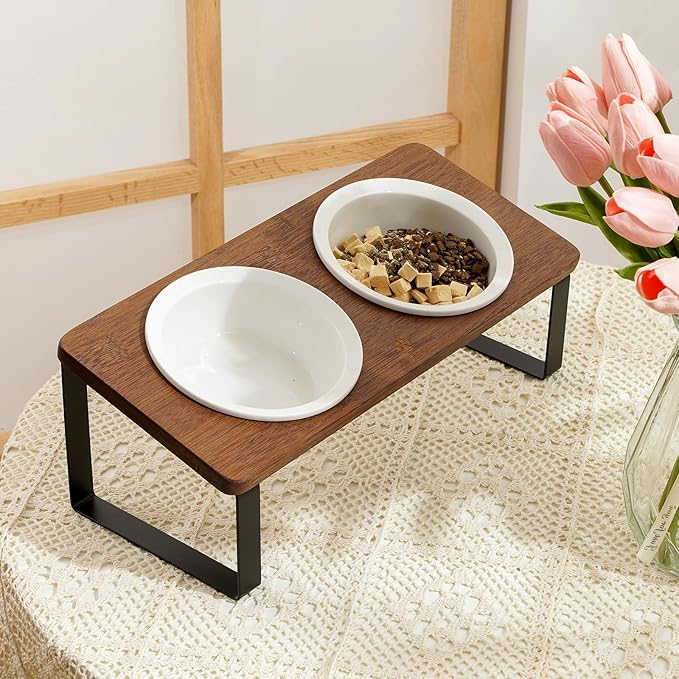 Sunhoo Ceramic Elevated Cat Bowls Raised Puppy Dishes for Food and Water Tilted Wooden Stand for Indoor Cats 5.5 inch Wide Double Dish Orthopedic Reduces Vomiting (Brown)