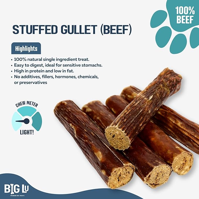 Big Lu - 6-Inch Stuffed Gullet Sticks, 10 Count, Premium Beef Dog Treats, All-Natural, High-Protein, Easily Digestible Chews for Dogs, Supports Dental Health and Joint Mobility