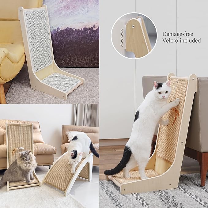 PETKARAY 105° Cat Scratcher, Sisal Kitty Scratch Pad, L Shape Scratching Board for Indoor Cats, Floor Mounted Scratcher with Mouse Toy Catnip, Chevron Style