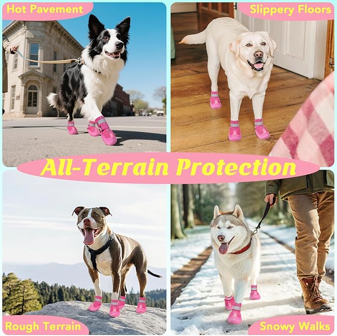 LUCKYPAW Dog Shoes for Large Medium Dogs, Breathable Dog Boots for Hot Pavement, Paw Protectors for Summer Walking Hiking Winter Snow Outdoor, No Slip Reflective Booties for Hardwood Floor-Hot Pink, 8