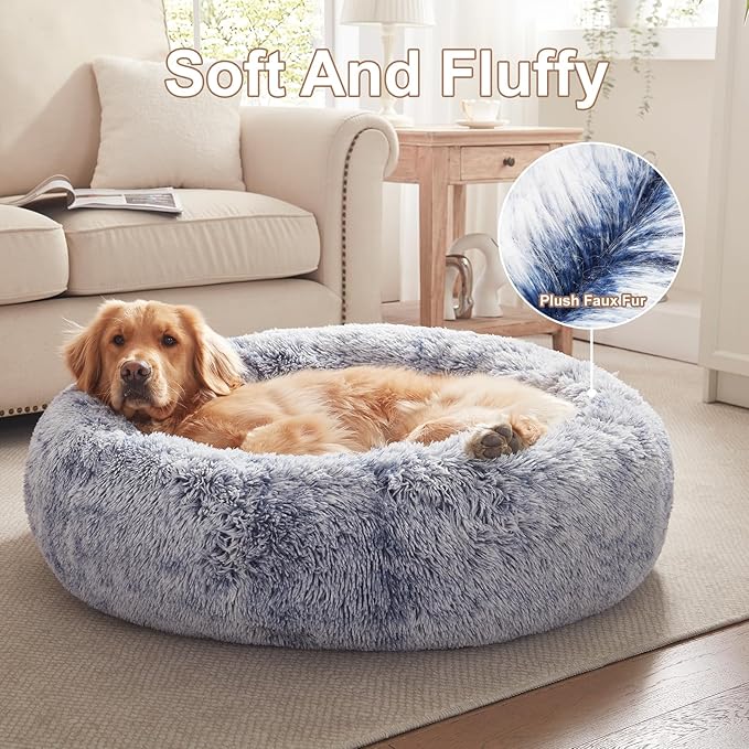 36 inches Donut Dog Bed for Large Dogs - Calming Fluffy Round Pet Bed with Removable & Washable Cover,Fits up to 100 lbs Pets (Dark Blue,Large)