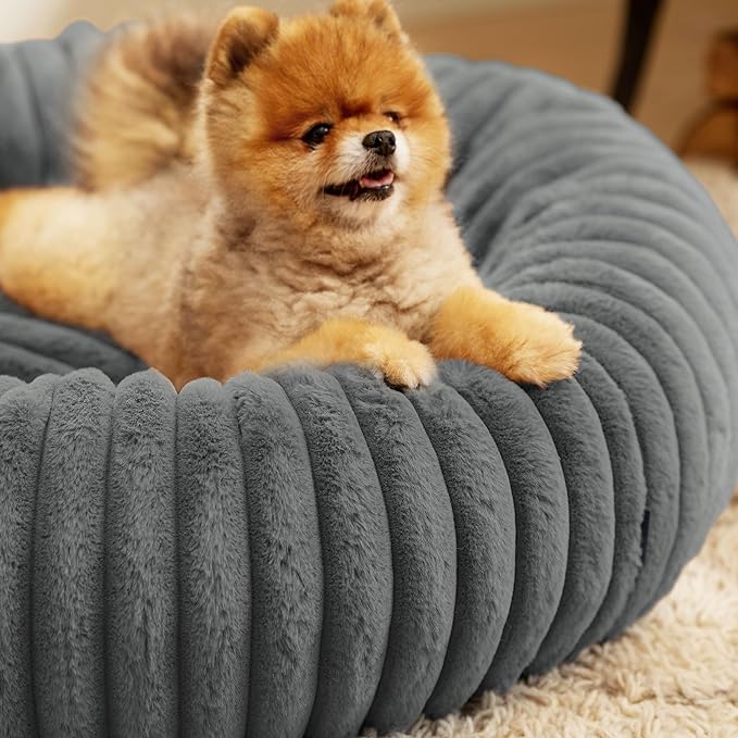 Bedsure Donut Small Dog Bed - Dog Beds for Small Dogs with Corduroy Fleece & Anti Slip Bottom, Round Faux Fur Pet Beds with Washable Removable Cover, Warm Grey, 23x23x8 inches