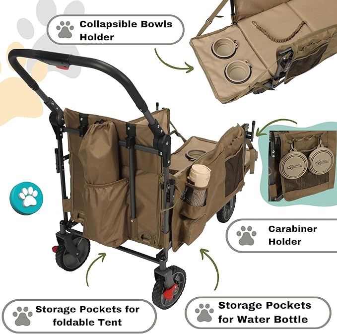 Foldable Pet Wagon Dog Stroller with Removable Fully Zipped Tent, Pet Travel Wagon with Extendable Ramp Built-in Storage Attached Water and Food Station