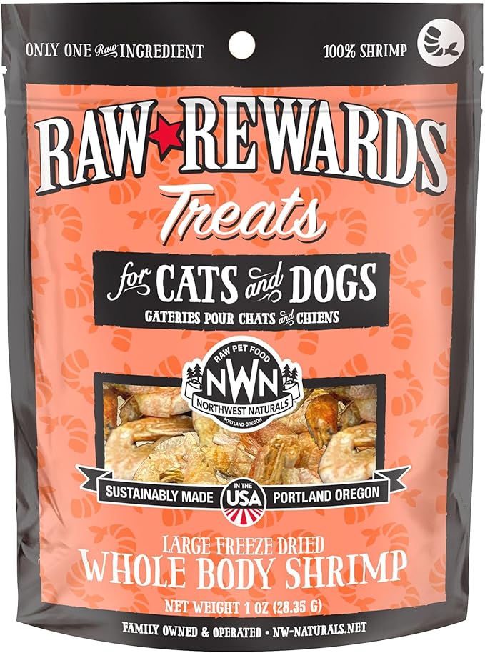 Northwest Naturals Raw Rewards Freeze-Dried Shrimp Treats for Dogs and Cats - Bite-Sized Pieces - Healthy, 1 Ingredient, Human Grade Pet Food, All Natural, Proudly Made in USA, 1 Oz