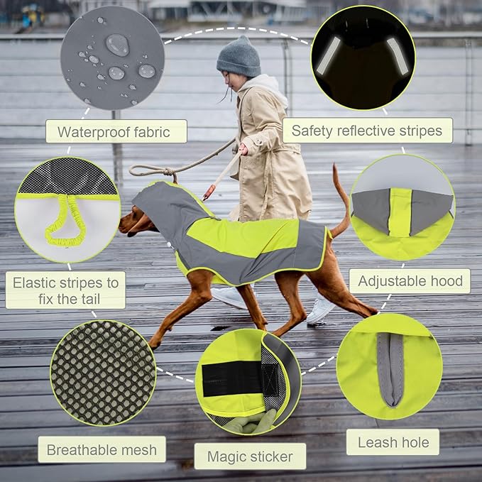 IECOii Large Dog Raincoat Waterproof,Hooded Rain Jacket Keep Dog Dry in Wet Weather,Reflective Rain Poncho Clothes with Convenient Leash Hole/Adjustable Magic Sticker/Easy On and Off/,Green,Large