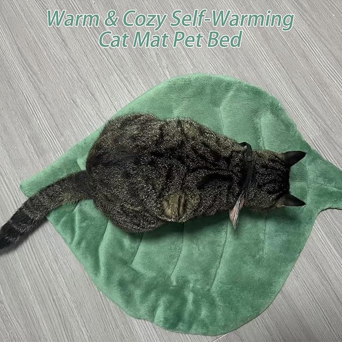 Leaf Shaped Self-Warming Cat Bed Mat – 26"x20" Cotton Pet Pad, Cat Blanket for Indoor Cats, Cat Lick Mat, Cat Heating Pad, Soft Kitten Cushion & Puppy Mattress (Green)