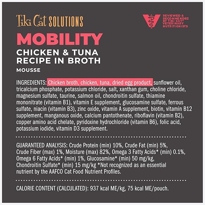 Tiki Cat Solutions Mobility Mousse, Chicken & Tuna Recipe in Broth, Formulated to Support Healthy Joints, Functional Wet Cat Food, 2.4 oz. Pouch (12 Count)