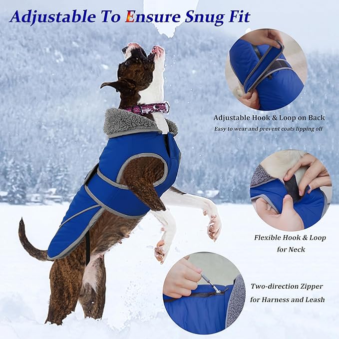 Dogcheer Dog Coat, Christmas Dog Jacket Waterproof Puppy Winter Coat for Cold Weather, Reflective Adjustable Pet Snow Jacket Warm Turtleneck Fleece Sweater for Small Medium Large Dogs - Blue, S