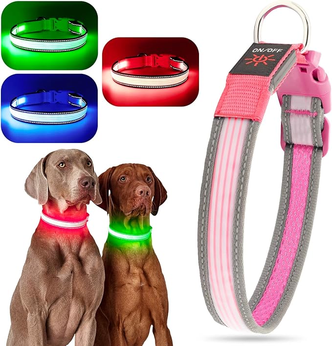 YFbrite Full Adjustbale LED Dog Collar, Full Illuminated Light up Dog Collars, Reflective Dog Collar Light Glowing in The Dark for All Dogs Safety (Small, Pink-2)